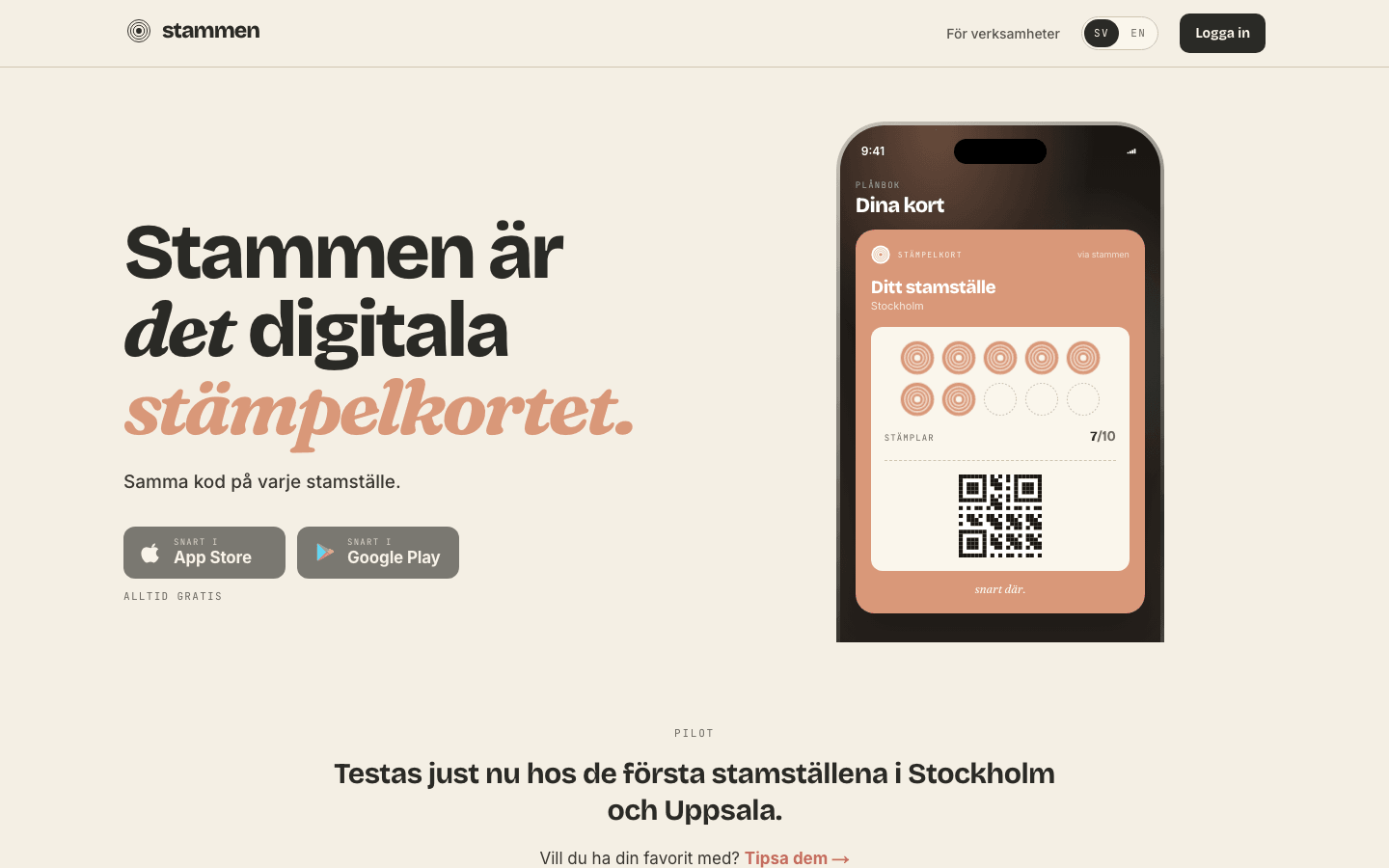 Startsidan på stammen.app